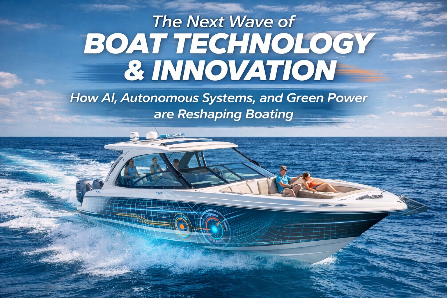 Modern tech-enabled boat running offshore with digital graphics overlay